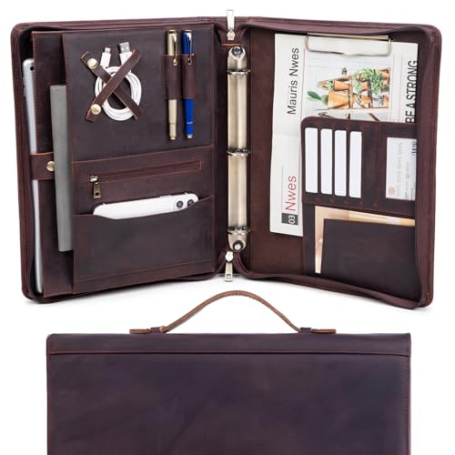 Geslun Portfolio aus echtem Leder, 3-Ringbuch mit Klemmbrett, versteckter Griff, 21,6 x 28,9 cm, Padfolio mit Reißverschluss, Business-Organizer, professionelles Executive-Folio für Damen und Herren, von Geslun