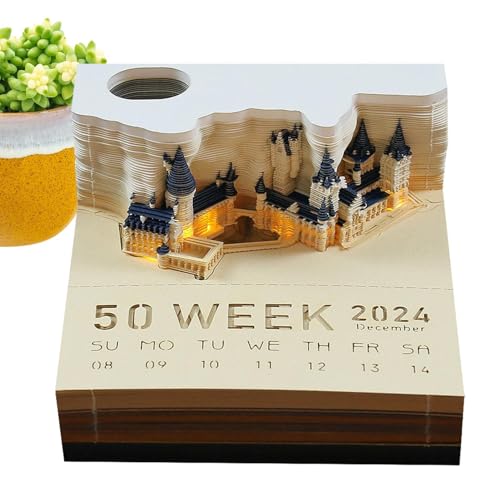 3D Kalender Abreißen 2024 | 3D Calendar 2024 | 3D Tischkalender Mit Lichtern Tischkalender 2024 Baumhaus Notizblock LED Kalender | 3D Memo Pad Papier Kunst Sakura Baum 3D Notizblock Papier Schnitzen von Geteawily