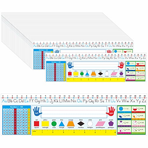 36 Stück Schreibtisch-Namensschilder, doppelseitige Namensschilder aus PET-Folie mit Alphabet, Zahlen, Brüchen, Formen, Farben und Lineal, löschbar und wiederverwendbar für Klassenzimmer (35 x 10cm) von Gethelud