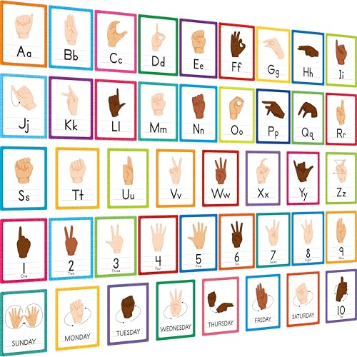 ASL Alphabet Line Bulletin Board Set, 43 Stück Buchstaben Zahlen Woche Gebärdensprach-Dekorationen, 26 Buchstaben/7 Tage der Woche 1-10 Zahlen Kleine Poster für Kindergarten Klassenzimmer Dekoration von Gethelud