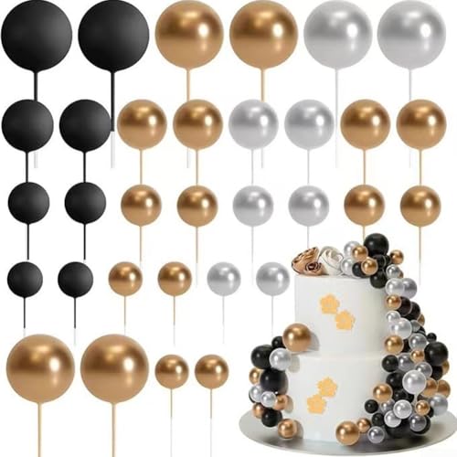 Gettimore Cake Balls Decoration 32 Pcs Decoration Ball Set Cupcake Mini Balloon Cake Balls for Cake Deco Birthday Party Wedding (Black Gold) von Gettimore