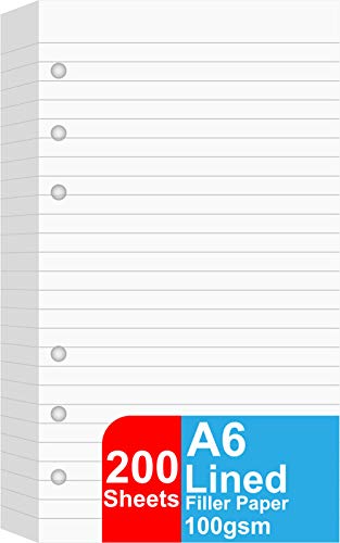 (2 Pack) A6 liniertes Nachfüllpapier, 200 Blatt/400 Seiten Loseblattpapier für Filofax-Personenmappen, 6 Löcher gestanzt, 100 g/m² linierte weiße Seiten, 9.5 x17.1cm von Getvow