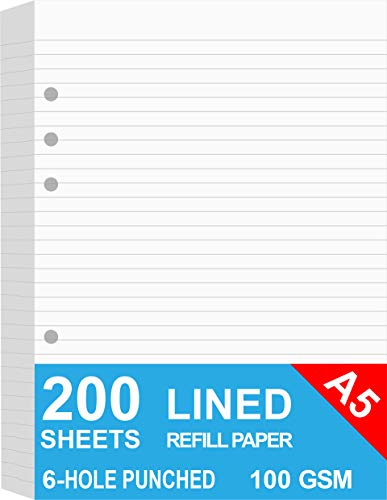 (3 Packungen) A5 Liniertes Papier, 300 Blätter Nachfüllpapier für große Leder-Journal/Filofax-Binder, 6 Löcher gelocht, 100 GSM liniertes weißes Füllpapier, 14.8 x 21cm von Getvow