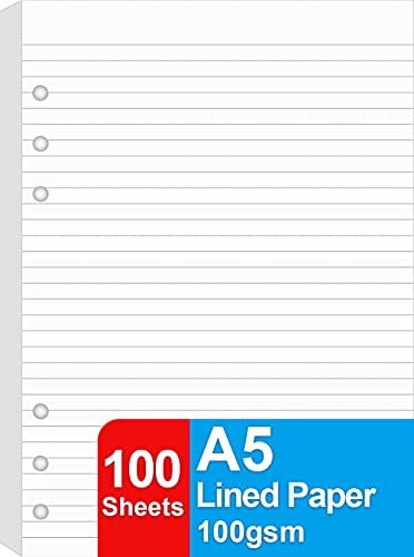 A5 Liniertes Papier, 100 Blätter Nachfüllpapier für große Leder-Journal/Filofax-Binder, 6 Löcher gelocht, 100GSM liniertes weißes Füllpapier, 14.8 x 21cm von Getvow