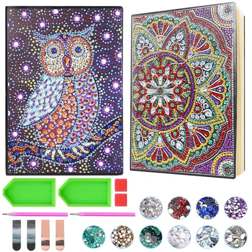 Getyjoe 2 Stück Diamond Painting Notizbuch mit 2 Lesezeichen Tagebuch Mandala Owl Muster Diamant Tagesbuch 50 Blatt 120 Seiten DIY 5d Diamant Notebook für Schülerbüro Schulbedarf Weihnachtsgeschenke von Getyjoe