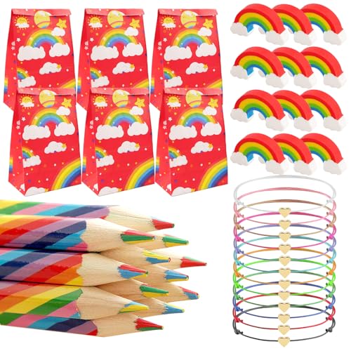 Getyjoe 48 Stück Regenbogen Schreibwaren Set, 12 Regenbogen Buntstifte 12 Regenbogen Mitgebsel 12 Regenbogen Radiergummi 12 Herz Freundschaftsarmband 4 in 1 Farbstifte für Kinder Zeichnung für Schulen von Getyjoe