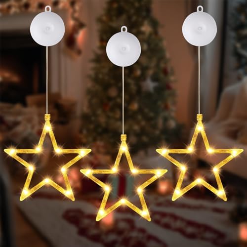 Getyjoe LED Sterne Weihnachtsbeleuchtung 3 Stück Stern Fenster Weihnachten Led Sterne Weihnachtsbeleuchtung mit Saugnäpfe Warmweiß Weihnachtsstern Innen für Weihnachten Balkon, Party,Hochzeit von Getyjoe