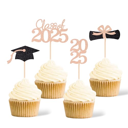 Class of 2025 Graduation Party Decoration Cupcake Toppers, Double Sided Diploma Degree Cap Cake Toppers for Graduation Party 2025 Cake Picks Graduation Party Decorations (36 pcs, Rose Gold & Black) von Gexolenu