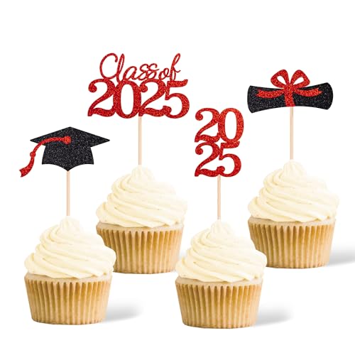 Klasse 2025 Abschlussfeier Dekoration Cupcake Topper, doppelseitige Diplom Grad Cap Cake Toppers für Abschlussfeier 2025 Kuchen Picks Abschlussfeier Party Dekorationen (36 Stück, Rot & Schwarz) von Gexolenu