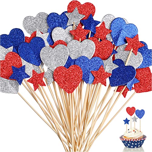 120 Stück Stern 4. Juli Cupcake Topper Glitzer Unabhängigkeit Tag Cupcake Picks Blau Rot Silber Kuchendekorationen Patriotische Lebensmittel Picks Zahnstocher für Geburtstag Party Kuchen Dekorationen Zubehör (Stern Herz) von Geyee