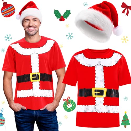 Geyoga 2-teiliges Urlaubskostüm-T-Shirt-Set, lustiges und lustiges Weihnachtshemd, humorvolles Weihnachtsoutfit mit Weihnachtsmannmütze, Weihnachtsmütze, Weihnachtsmütze für Neujahr, festliche Party, von Geyoga