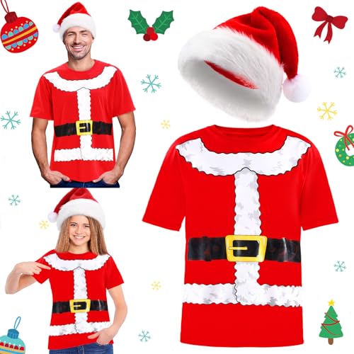 Geyoga 2-teiliges Urlaubskostüm-T-Shirt-Set, lustiges und lustiges Weihnachtshemd, humorvolles Weihnachtsoutfit mit Weihnachtsmannmütze, Weihnachtsmütze, Weihnachtsmützen für Neujahr, festliche Party, von Geyoga