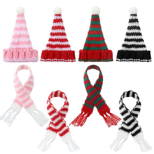 Geyoga Mini-Strickpuppen-Hüte und Schals, Dekoration, Mini-Weihnachtsmannmütze zum Basteln, für Weihnachtsbaum, Weinflasche, Geschenk, 8 Stück von Geyoga