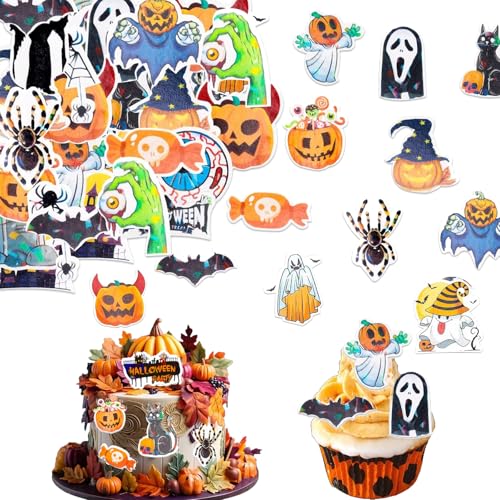 Gfamous Pack of 60 Edible Halloween Cake Decoration,Halloween Edible Cake Decorations,Edible Halloween Decoration for Cake,Halloween Cupcake Toppers,Edible Cupcake Toppers,20 Stile von Gfamous