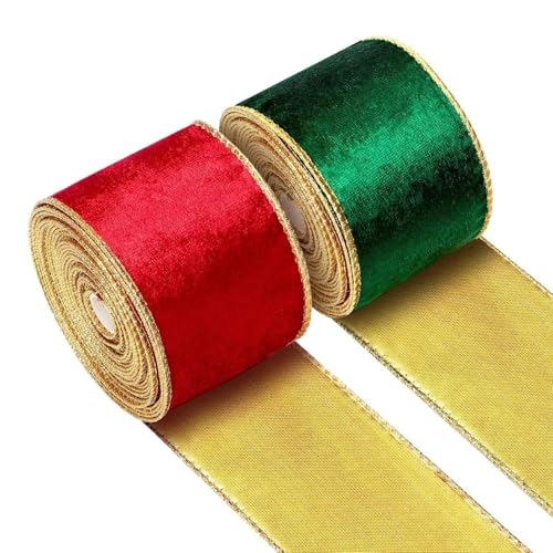 Christmas Ribbon, Christmas Tree Ribbon, Wrapping Ribbon, Christmas Fabric Ribbons, 2.5in x 5 Yards Party Favors Holiday Ribbon, Christmas Craft Fabric Ribbons 2 Rolls Velvet and Satin Reversible von Ghjkldha