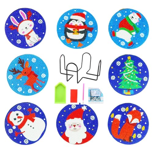 Diamond Art Coasters, Painting Coasters, Gem Art Christmas Coasters, Christmas Gem Art Kit, Painting Coasters with Holder, Cartoon Handmade Drink Mat, 8X Beverage Cup Holder for Adults Beginne von Ghjkldha