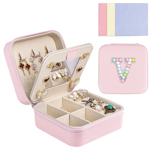 Ghope Schmuckkästchen Reise mit Spiegel, Klein Schmuck-Reiseetui mit initiale Schmuckkasten tragbar Schmuckschatulle Schmuckkoffer Schmucketui Jewelry Box für Damen Mädchen Geschenk von Ghope