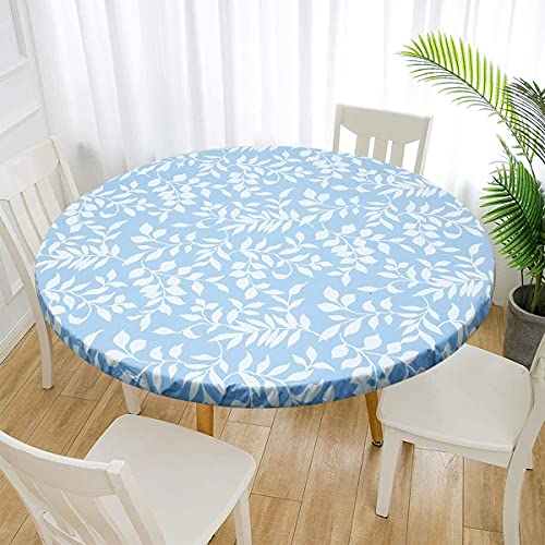 Wasserdichte, runde Tischdecke, elastische Kanten, Flanell-Rückseite, schmutzabweisend, öldicht, PVC-Tischschutz für Esszimmer, Küche, Picknick, Party (blaue Blätter, 110–140 cm) von Ghopy