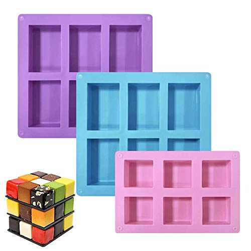 GiantGo 3 Stück Silikon-Förmchen Seifen Förmchen Seife Silikon Form 6-Cavity Schalen Pfannen Kuchen Backen Schokolade Biscuit Eiswürfel, Seife, Pink, Blau, Violett, 2 Stück Rechteckige, 1 Stück Square von GiantGo