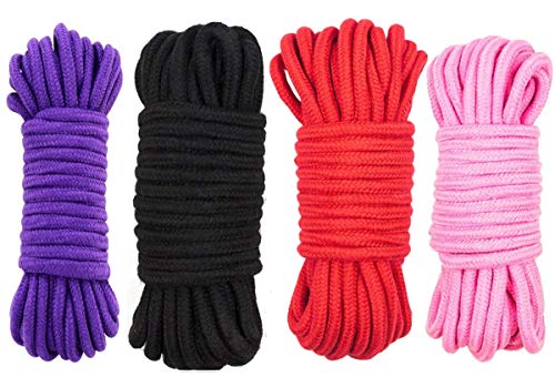 GiantGo 4 Rollen Baumwollseil Baumwollkordel, 5meter Weiches Baumwollknoten-Bindeseil Twisted Mooring Rope aus Baumwolle, 8mm Durchmesser, Schwarz Rot Rosa Lila von GiantGo