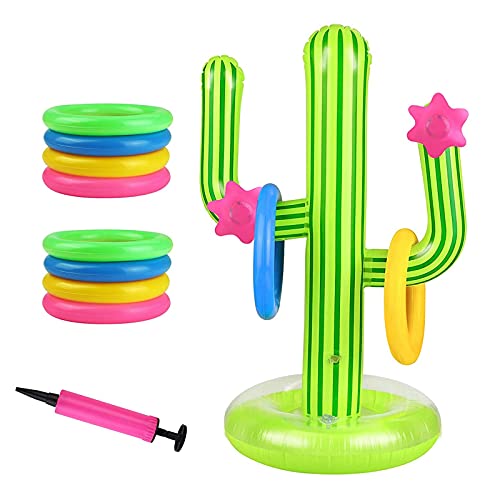 GiantGo Aufblasbares Kaktus-Ring-Set, 1 x aufblasbarer Kaktus, 10 x aufblasbare Ringe, 1 x Luftpumpe, Wurfspiel, aufblasbares Set für Fiesta, Party, Sommer, Schwimmbad, Spiel von GiantGo