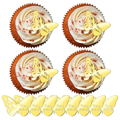 Giantree 12Stück alles Gute zum Geburtstag Schmetterling Kuchen Scheibe Spiegel Acryl Cupcake Dekorationen Mini Schmetterling Geburtstag Topper für Geburtstag Party Hochzeit DIY Dekoration(Gold) von Giantree