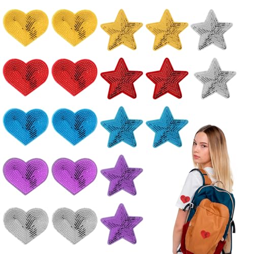 Giantree 20 Stück Patches zum Aufbügeln, Stern Pailletten Patches Herz Bügelflicken Aufnäher zum Aufbügeln Bügelbilder Applikation Aufbügelbilder Kinder Bügelpatch für Kleid Hüte Taschen (Groß) von Giantree