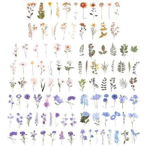 Giantree 200 Stück Sticker Blumen Scrapbooking Aufkleber,Pet Transparent Pflanzen Sticker Wasserfeste Flower Stickers Aesthetic Vintage Blumen Sticker Für DIY Tagebuch Fotoalbum Notizbuch von Giantree