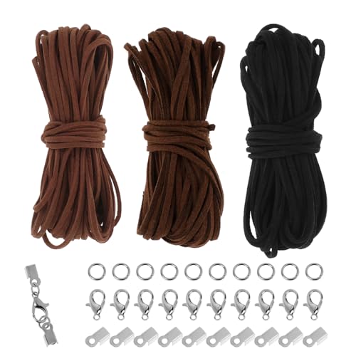 Giantree 3Farben Lederschnur, 2.3mm X 10m Lederband, 3Stück Leder Schnur Faux Lederband Rund Faux Wildleder Schnur mit 100pcs Verschluss Basteln Lederschnüre für DIY Armband Halskette Schmuck Handwerk von Giantree