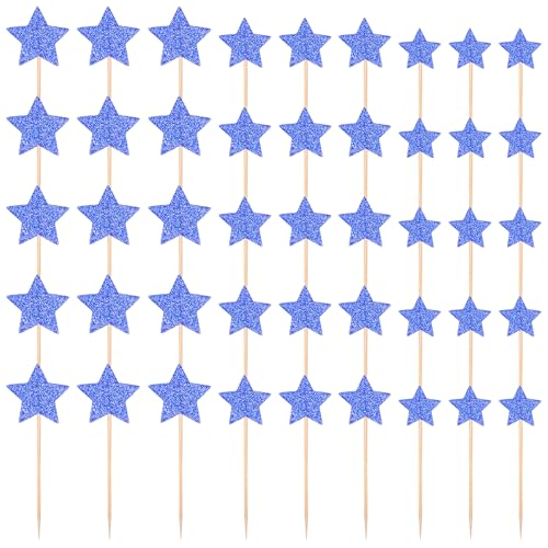 Giantree 42 Pcs blauer Stern Cupcake Toppers, gemischte Größe blauer Stern Kuchen Dekorationen Glitter Twinkle Star Cupcake Picks für Hochzeit Dusche Baby Dusche Geburtstag Party Kuchen Dekorationen von Giantree