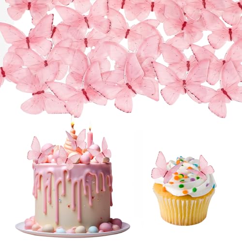 Giantree 48 Stück Schmetterlinge Tortendeko, Essbare Schmetterlinge Kuchen Deko Schmetterling Deko Geburtstag Cupcake Topper Schmetterling Muffin Deko (Rosa) von Giantree