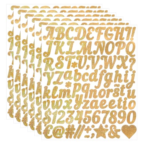 Giantree 6 Blatt Buchstaben Zahlen Aufkleber Set, 1in Glitzer Buchstaben Aufkleber, Selbstklebend Wasserdichte Vinyl Sticker für Hochzeit Geburtstag Briefkasten DIY Scrapbooking(Gold) von Giantree