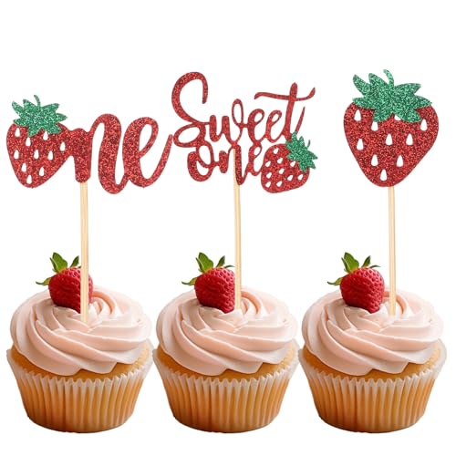 Giantree 24 Stück Muffin Deko Cupcake Topper, Cake Topper Glitzer Strawberry, Kinder Geburtstag Deko für Cupcake Toppers Wrappers Thema Party Dekoration für Junge Mädchen Geburtstagsfeier Babydusche von Giantree