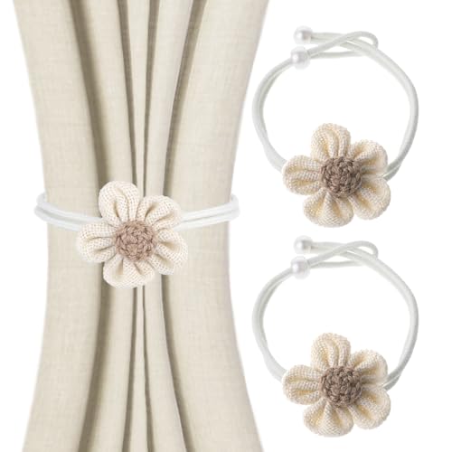 Giantree Vorhang Raffhalter, 2 Stück Boho Gardinenhalter, Baumwolle Seilvorhang-Raffhalter Blumen Gewebter Vorhang Dekorative Halter zur Dekoration von Wohnzimmer Büro Schlafzimmer(beige) von Giantree