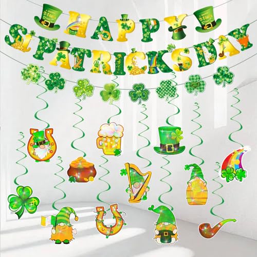 Gibocot 27 St. Patrick's Day Dekorationen, Happy St. Patricks Day Wimpelkette Banner Kleeblatt Girlanden Lucky Irish Hanging Swirls Decke Wand Dekor für St. Patrick's Day Party Supplies von Gibocot