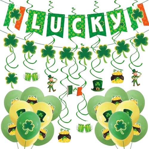 Gibocot 32 St. Patrick's Day Dekorationen, Glücksbanner Kleeblatt Girlande Irische Wimpelkette St. Patrick's Day Luftballons & hängende Folienwirbel für St. Patrick's Day Party Supplies Decke Wand von Gibocot