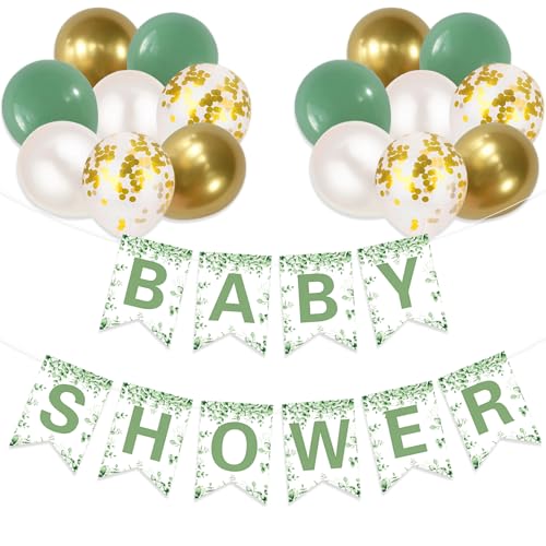 Gidobo Babyparty-Banner, Babyparty-Dekorationen mit 16 salbeigrünen goldenen Luftballons, Hintergrund für Jungen, Mädchen, Babyparty, Party-Dekorationen von Gidobo