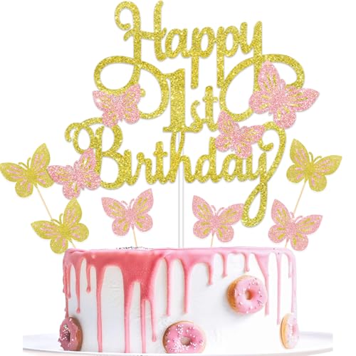 Gidobo Schmetterling Happy 1st Birthday Cake Toppers Gold Pink Schmetterling Kuchen Dekorationen mit Cupcake Toppers Glitzer Schmetterling Thema Kuchen Topper Dekorationen Party Feier für Mädchen von Gidobo