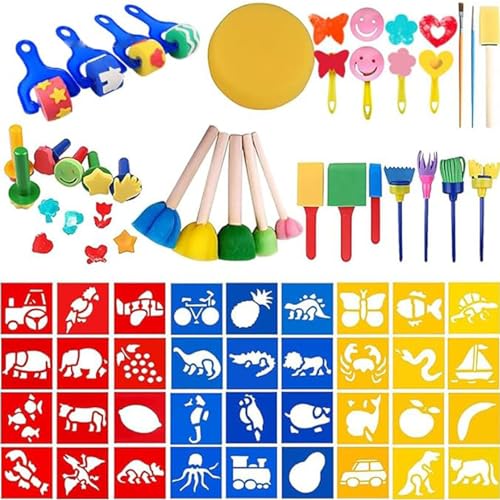 Giftik 66-teiliges Kinder-Zeichenset, Kunstbedarf für Kindergarten – DIY Schwamm Stempel Pinsel Malwerkzeuge Kit und Malvorlage für DIY Kunst Handwerk und Farbe von Giftik