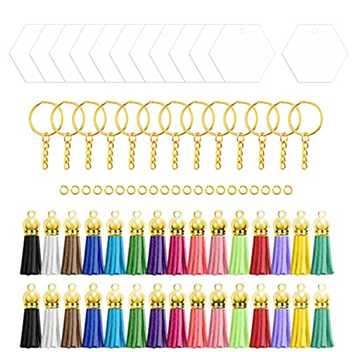 Giftik Acryl-Rohlinge Schlüsselanhänger Quasten-Set, transparenter Schlüsselanhänger Acryl Rohlinge Schlüsselringe mit Biegeringe und Quasten für DIY Schmuckanhänger (Gold (120 Stück), Sechseck) von Giftik