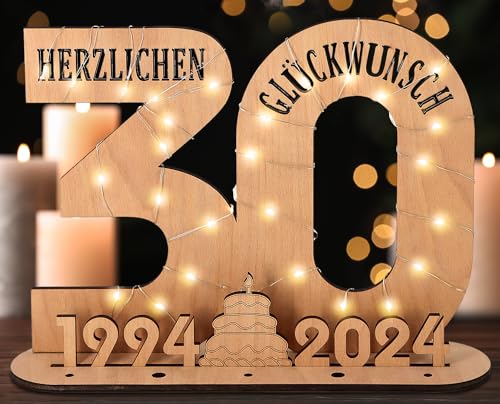 Giftota - 2024 Originelle 30 Geburtstag Geschenk Frauen & Männer - Geldgeschenke Geburtstag 30 mit LED Lichterkette Ständer - Holz-Schild Gästebuch - 30 Geburtstag Deko - Personalisierbares Geschenk von Giftota