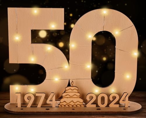 Giftota 2024 Originelle 50 Geburtstag Geschenk Frauen & Männer - Geldgeschenke Geburtstag 50 mit LED-Lichterketten - Dekorationen aus Holz - 50 Holz-Schild Gästebuch - Personalisierbares Geschenk von Giftota