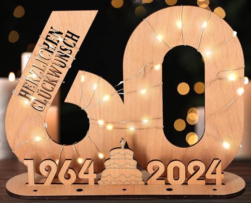 Giftota - 2024 Originelle 60 Geburtstag Geschenk Frauen & Männer - Geldgeschenke Geburtstag 60 mit LED Lichterkette Ständer - Holz-Schild Gästebuch - 60 Geburtstag Deko - Personalisierbares Geschenk von Giftota