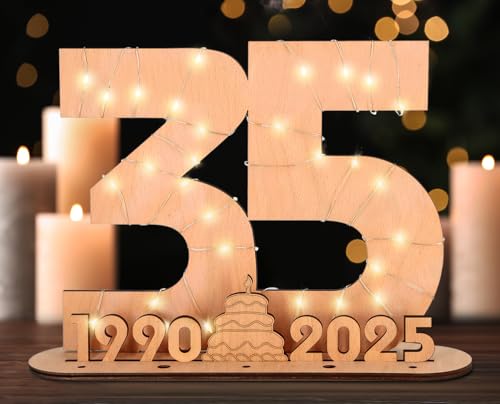 Giftota 2025 Originelle 35 Geburtstag Geschenk Frauen & Männer - Geldgeschenke Geburtstag 35 mit LED-Lichterketten - Dekorationen aus Holz - 35 Holz-Schild Gästebuch - Personalisierbares Geschenk von Giftota