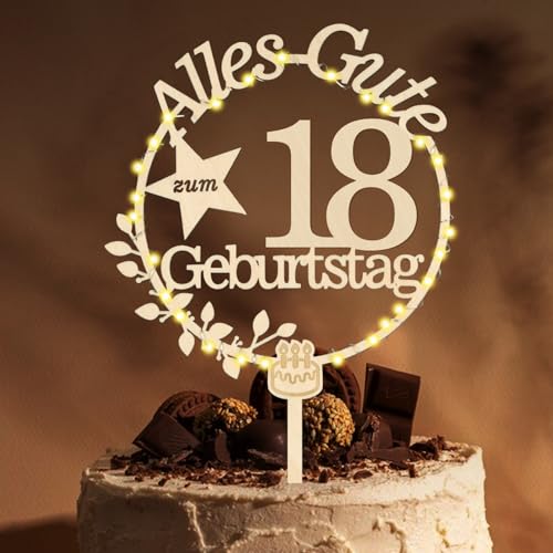 Giftota Cake Topper 18. Geburtstag Holz mit LED Lichterkette - 18. Geburtstag Deko - Tortendeko 18. Geburtstag - Kuchen Deko für 18. Geburtstag Jungen Mädchen von Giftota