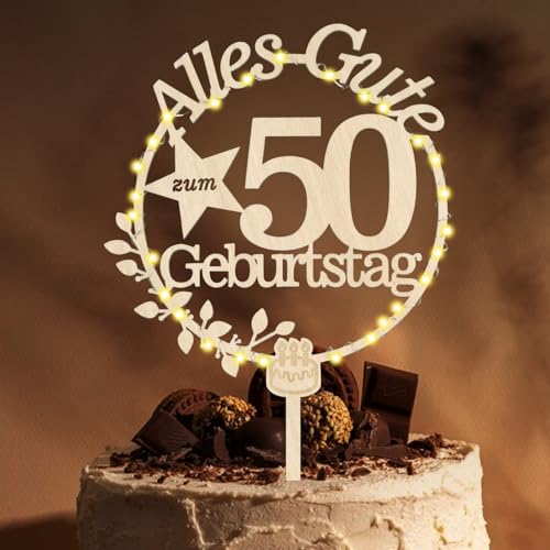 Giftota Cake Topper 50. Geburtstag Holz mit LED Lichterkette - 50. Geburtstag Deko - Tortendeko 50. Geburtstag - Kuchen Deko für 50. Geburtstag Frauen Männer von Giftota