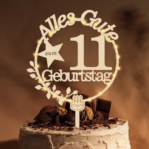 Giftota Cake Topper 11. Geburtstag Holz mit LED Lichterkette - Tortendeko 11. Geburtstag Deko - Kuchen Deko für Jungen Mädchen von Giftota