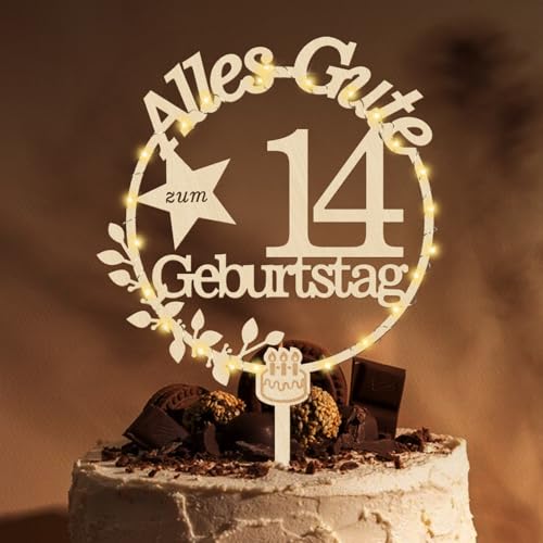 Giftota Cake Topper 14. Geburtstag Holz mit LED Lichterkette - Tortendeko 14. Geburtstag Deko - Kuchen Deko für Jungen Mädchen von Giftota