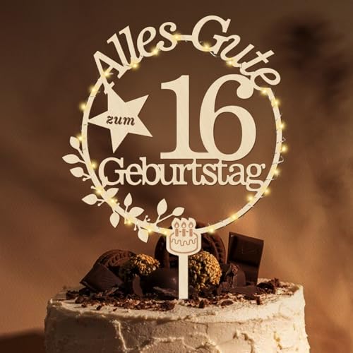 Giftota Cake Topper 16. Geburtstag Holz mit LED Lichterkette - 16. Geburtstag Deko - Tortendeko 16. Geburtstag - Kuchen Deko für 16. Geburtstag Jungen Mädchen von Giftota