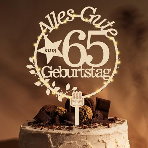 Giftota Cake Topper 65. Geburtstag Holz mit LED Lichterkette - 65. Geburtstag Deko - Tortendeko 65. Geburtstag - Kuchen Deko für 65. Geburtstag Frauen Männer von Giftota